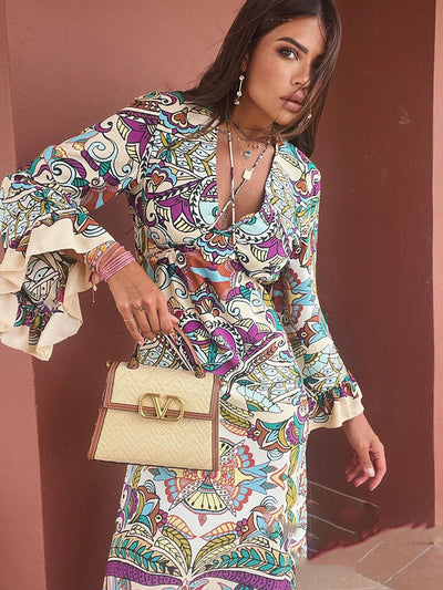 Vintage Flower Print V Neck Loose Long Dress Boho MUST HAVE