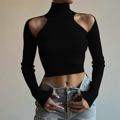 Street Style Personality High Neck Shoulder Cut Out Long Sleeve T-shirt Lady Black MUST HAVE