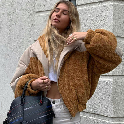 Loose Hooded Stitching Lamb Wool Coat Khaki MUST HAVE