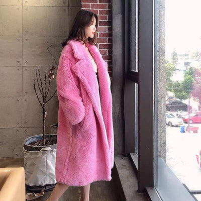 Women's Fur And Lamb Woolen Long Coat Pink MUST HAVE