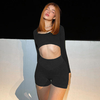 Solid Color Knitted Tight-fitting Slimming Square-neck Long-sleeved Crop Top MUST HAVE