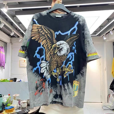 Lightning eagle graffiti tie-dye short-sleeved T-shirt men loose HYPE