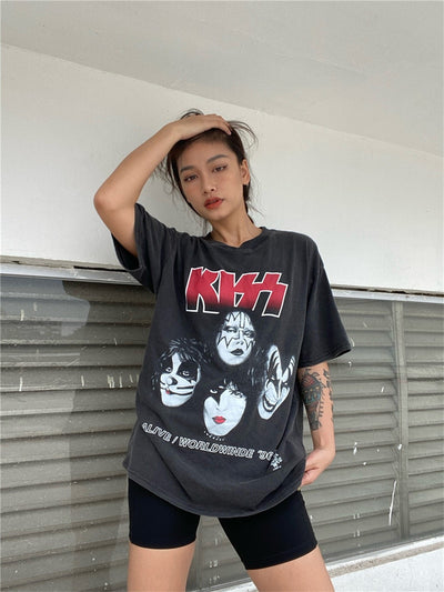 VTG KISS heavy metal band bat sleeve hip-hop oversized T-shirt Black MUST HAVE