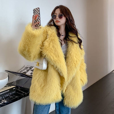 Faux Fur Coats Collar Overcoat Yellow MUST HAVE