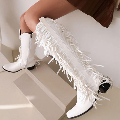 Fringes Zipper Vintage Western Cowboy Boots White MUST HAVE