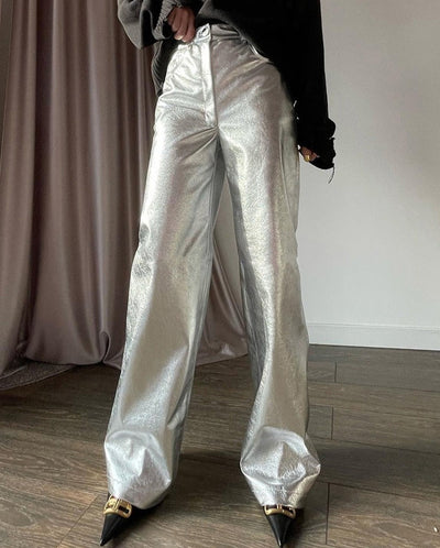 Sliver Pu Leather Pants Elegant Loose High Waist Silver MUST HAVE
