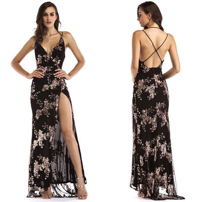 Abito lungo donna scollato floreale con spacco 21752 Black Gold MUST HAVE